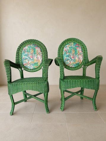 Fauteuil (2) - Een paar groen geschilderde rieten armstoelen, Nieuw