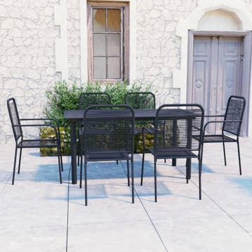 vidaXL 7-delige Tuinset glas en staal zwart, Verzenden, 6 zitplaatsen, Nieuw, Rvs