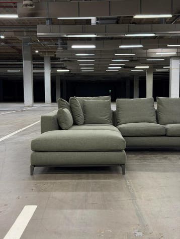Minotti Andersen Hoekbank | Groen (NIEUWSTAAT), 300 cm of meer, Ophalen of Verzenden, Zo goed als nieuw, Bank Hoekbank Bankstel Bankje Loungebank Banken Chaise Lounge 