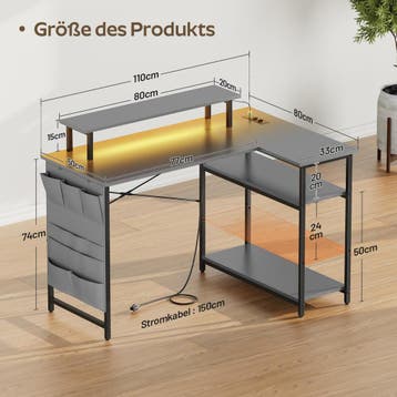 Gaming bureau - Gaming desk - Hoekbureau - 110x80 cm - Grijs, Verzenden, Zo goed als nieuw