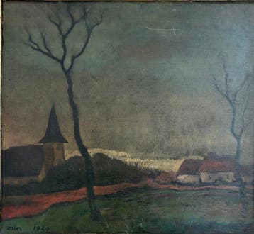 Hollandse School (XX), gesigneerd Min - Kerk en hoeve