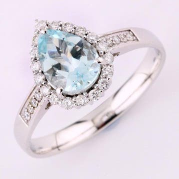 Ring - 14 karaat Witgoud - 1.20ct. tw. Aquamarijn - Diamant, Sieraden, Tassen en Uiterlijk, Nieuw