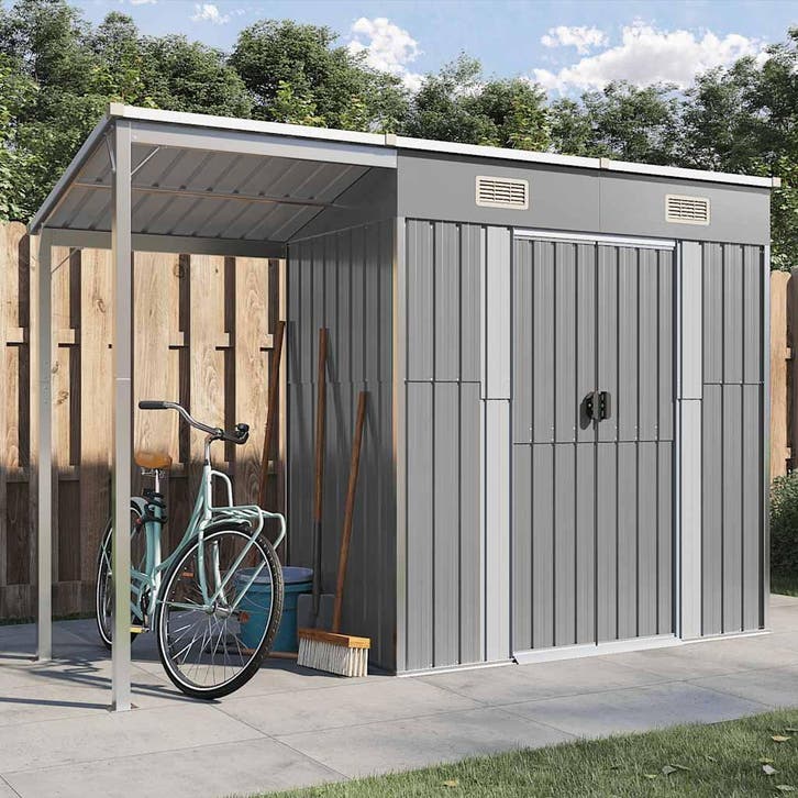 vidaXL Tuinhuis met verlengd dak lichtgrijs 277x107x181 cm, Tuin en Terras, Tuinhuizen, Nieuw, Verzenden