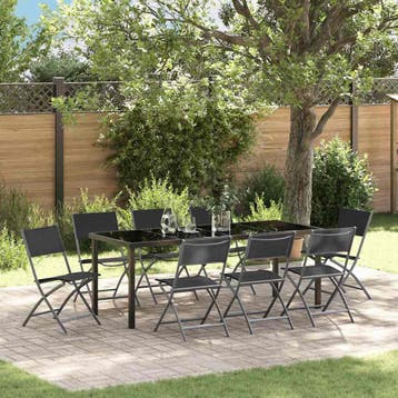 vidaXL Tuin eettafelset 9 st Zwart Gepoedercoat staal, Verzenden, Nieuw, Textileen, Meer dan 8 zitplaatsen