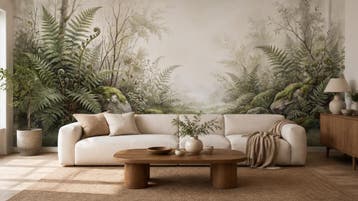Botanisch behang – groene varens in een licht bos, Huis en Inrichting, Bladeren, Overige merken, Ophalen of Verzenden, Fotobehang