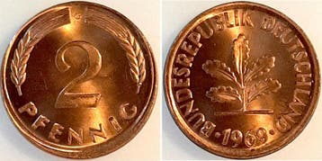Duitsland Fehlpraegung 2 Pfennig 1969 G Erstabschlag deze..., Verzenden