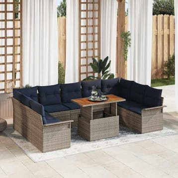 vidaXL Tuin Sofa Set met kussen 10 pcs grijs en marineblauw, Tuin en Terras, Tuinsets en Loungesets, Verzenden, Nieuw, Rotan, Meer dan 8 zitplaatsen