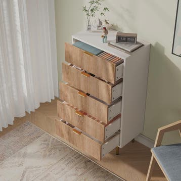 Ladekast met 5 Laden - Witte Commode met Naturel Houtstructu, Verzenden, Nieuw