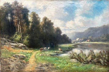 Van Roy (XIX) - Koeien aan de rivier,, Antiek en Kunst, Kunst | Schilderijen | Klassiek