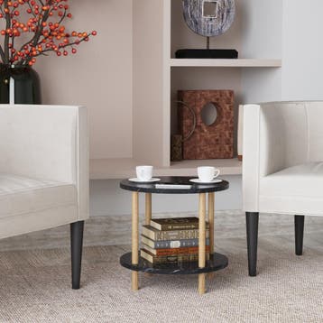 Bijzettafel Ves rond Ø42x49 cm marmerlook zwart en houtkleur, Verzenden, Nieuw