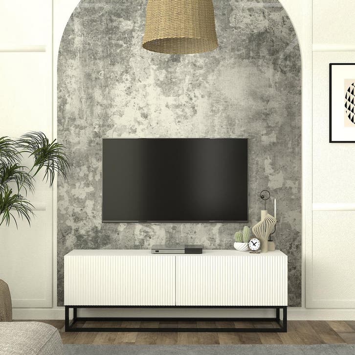 Tv-meubel Verpsboga lang frame 135x32x47 cm wit [en.casa], Huis en Inrichting, Kasten | Dressoirs, Verzenden