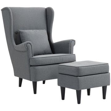 TRUUSK Oorfauteuil met Voetenbank - Linnenlook - Lendenkusse, Verzenden, Nieuw