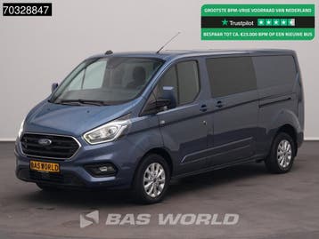 Ford Transit Custom 130PK Dubbel Cabine Limited 2x Schuifdeu, Stof, Gebruikt, Euro 6, Blauw