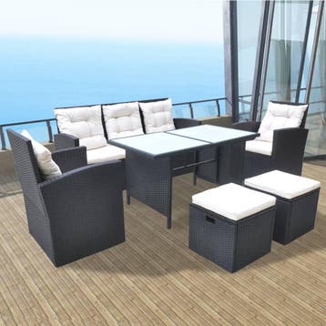 vidaXL 6-delige Tuinset met kussens poly rattan zwart, Verzenden, Nieuw, 7 zitplaatsen, Tuinset