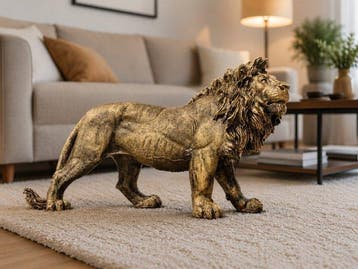 Beeld, Beeld, 60 cm long statue of golden bronze lion - 32