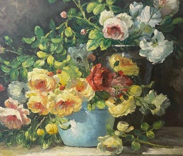 Italiaanse school (XX) - Blumenstilleben mit blauer Vase