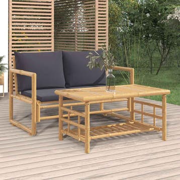 vidaXL 2-delige Loungeset met kussens bamboe donkergrijs, Verzenden, Nieuw, Hout, Loungeset