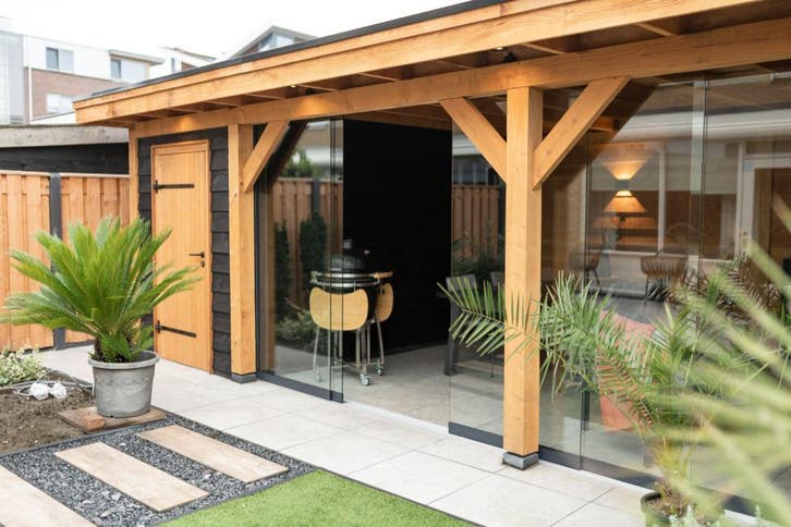 Douglas Overkapping met schuur 8x4m incl. glaswand -€8583,-, Tuin en Terras, Overkappingen, Overige typen, Nieuw, Ophalen of Verzenden