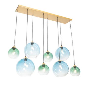 Hanglamp messing met blauw en groen glas 8-lichts - Sandra, Verzenden, Nieuw, Glas, Art Deco