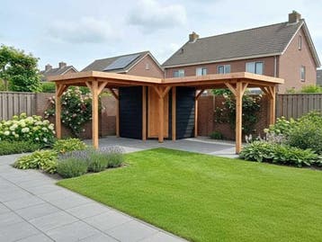 Veiling - Vrijstaande hoekoverkapping met berging 600x600x25, Tuin en Terras, Nieuw