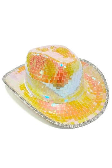 KIMU® Cowboyhoed Spiegeltjes Oranje Geel Roze Iridescent Dis, Ophalen of Verzenden, Nieuw, Feestartikel, Carnaval
