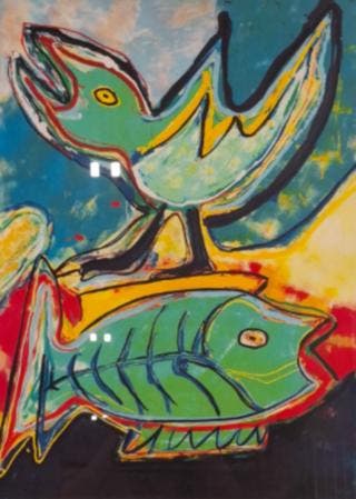 Zeefdruk, Maya Wildevuur, Vogel met vis, 1994, 114/200, Nieuw