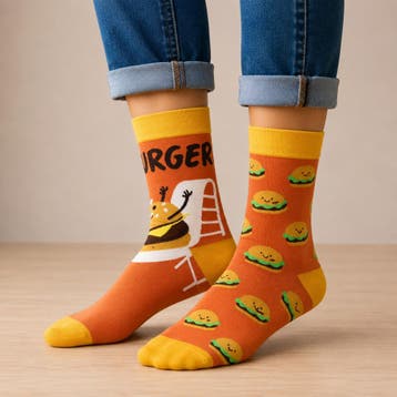 Sokken - Hamburger Print - Geel Bruin - Katoen - Maat 38-45, Nieuw