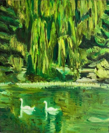 Jérôme Dreyfus (XX-XXI) - Les deux cygnes au Parc Borély, Antiek en Kunst, Kunst | Schilderijen | Klassiek
