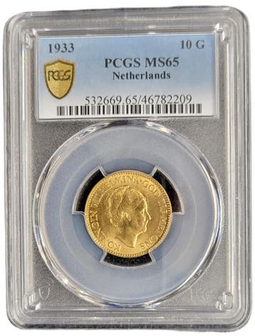 Gouden Wilhelmina 10 gulden 1933 MS65 gecertificeerd PCGS, Verzenden, Goud, Koningin Wilhelmina, Losse munt