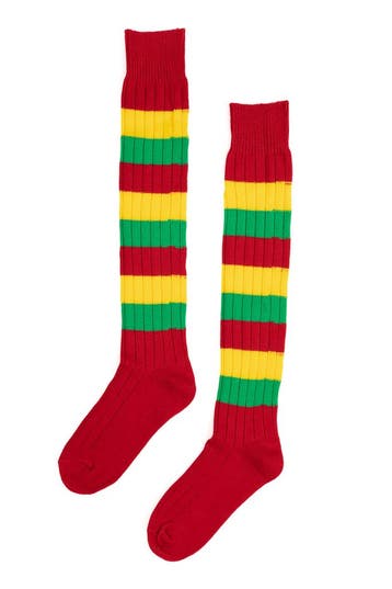 KIMU® Gebreide Lange Sokken Rood Geel Groen Gestreept 39 40, Ophalen of Verzenden, Nieuw, Overige maten, Carnaval