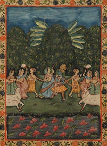 Indiaas (XX) - schildering – Krishna met gopi’s in Vrindavan, Antiek en Kunst