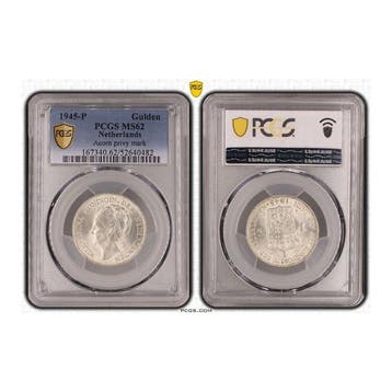 Nederland. Wilhelmina. 1 Gulden 1945 EP in PCGS slab MS62