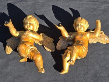 sculptuur, Coppia Angeli, XVIII - 43 cm - Verguld hout
