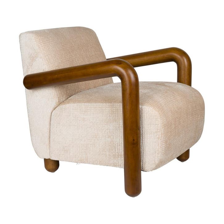 *WOONWINKEL* Dutchbone Robinson Fauteuil Met Houten Armleuni, Huis en Inrichting, Fauteuils, Nieuw, Stof, Verzenden