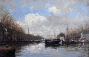 Frits Goosen (1943-) - Hollands riviergezicht met schepen en