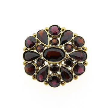 Vintage gouden broche met granaat, Gebruikt, Ophalen of Verzenden, Met edelsteen, Goud