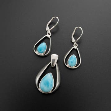 Larimar. Set met hanger en oorbellen. Ambachtelijke, Verzamelen