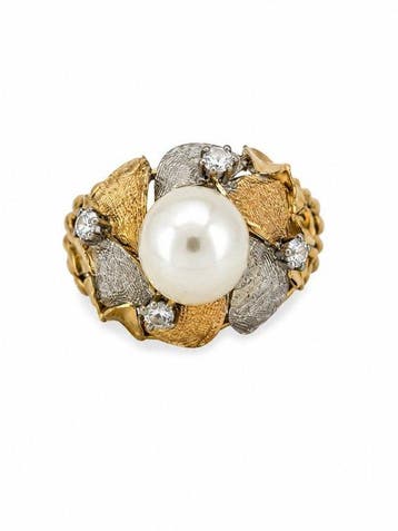 Ring - 18 karaat Geel goud, Witgoud Parel - Diamant, Nieuw
