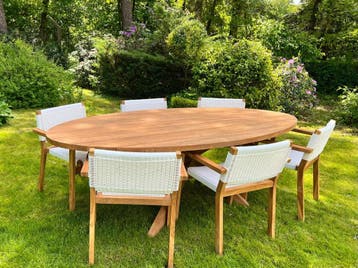 Ovale tuintafel met kruispoot -  180 cm x 90 cm, Ophalen of Verzenden, Nieuw, Ovaal, Teakhout