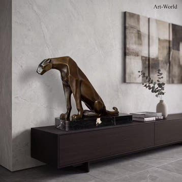Beeld, Exclusief bronzen sculptuur van een panther. 34.5 cm.
