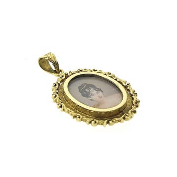 Antiek bicolor gouden hanger met emaille portret, Ophalen of Verzenden, Gebruikt, Goud, Overige merken