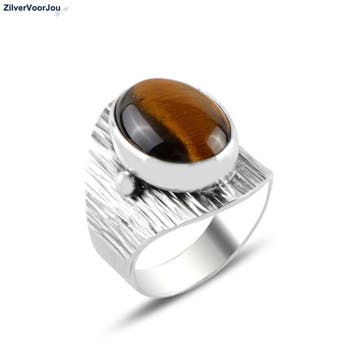 Zilveren bruine tijgeroog ring handgemaakt, Sieraden, Tassen en Uiterlijk, Ringen, Verzenden, Nieuw, Zilver