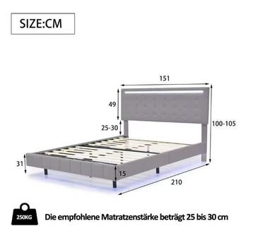 Gestoffeerd Bed 140x200 cm met LED-Verlichting – Grijs, Verzenden, Nieuw