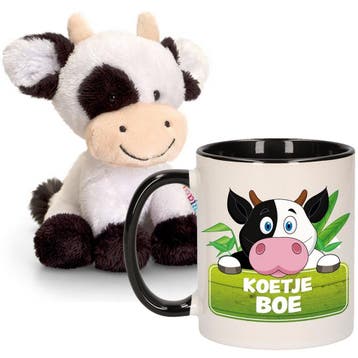 Koeien knuffel en mok cadeau set - pluche - 14 cm - 300 ml, Verzenden, Nieuw