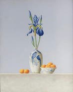 Ruud Verkerk - Gouds plateel met blauwe Iris en abrikozen., Antiek en Kunst