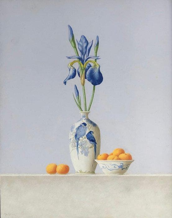 Ruud Verkerk - Gouds plateel met blauwe Iris en abrikozen., Antiek en Kunst, Kunst | Schilderijen | Modern
