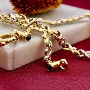 Bicolor gouden fantasieschakel collier met saffier | 44 cm, Gebruikt, Ophalen of Verzenden, Met edelsteen, Goud