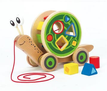 Hape Loopslak met Vormenspel - Houten Trekfiguur met Blokken, Ophalen of Verzenden, Zo goed als nieuw