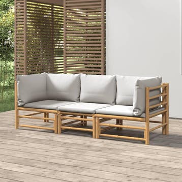 vidaXL 3-delige Loungeset met kussens bamboe lichtgrijs, Verzenden, Nieuw, Hout, Loungeset