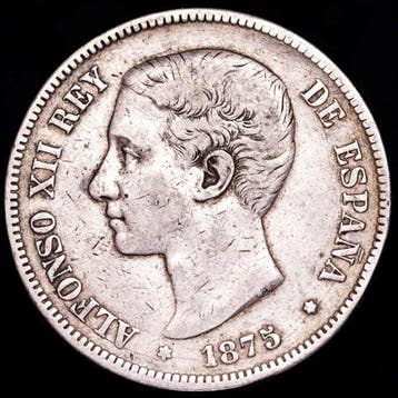 Spanje. Alfonso XII. 5 Pesetas 1875 DEM Madrid (Zonder